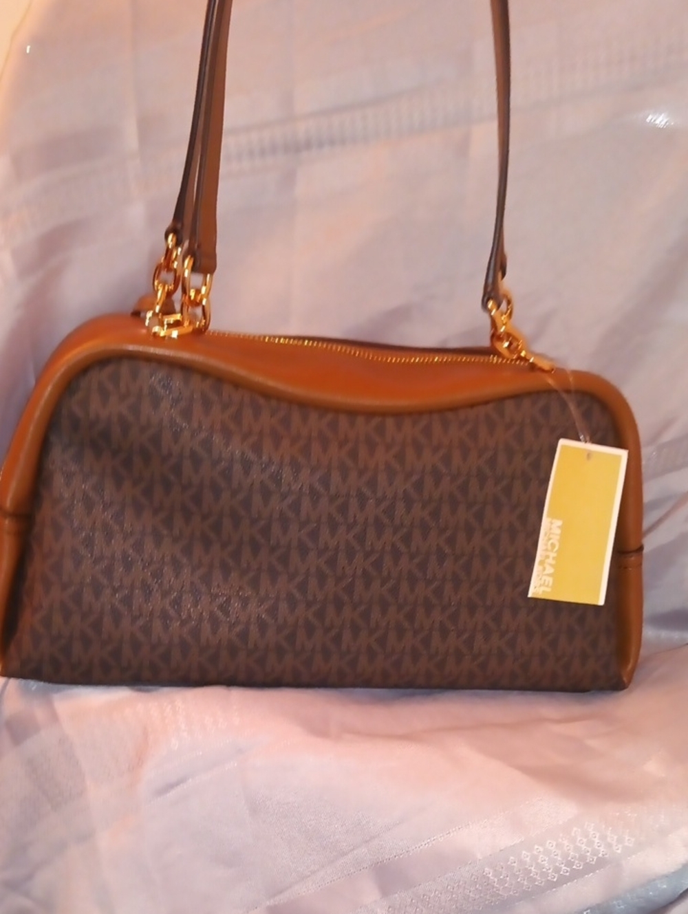 Michael Kors Cecily Brown Logo-Print Shoulder Bag with Tan Trim